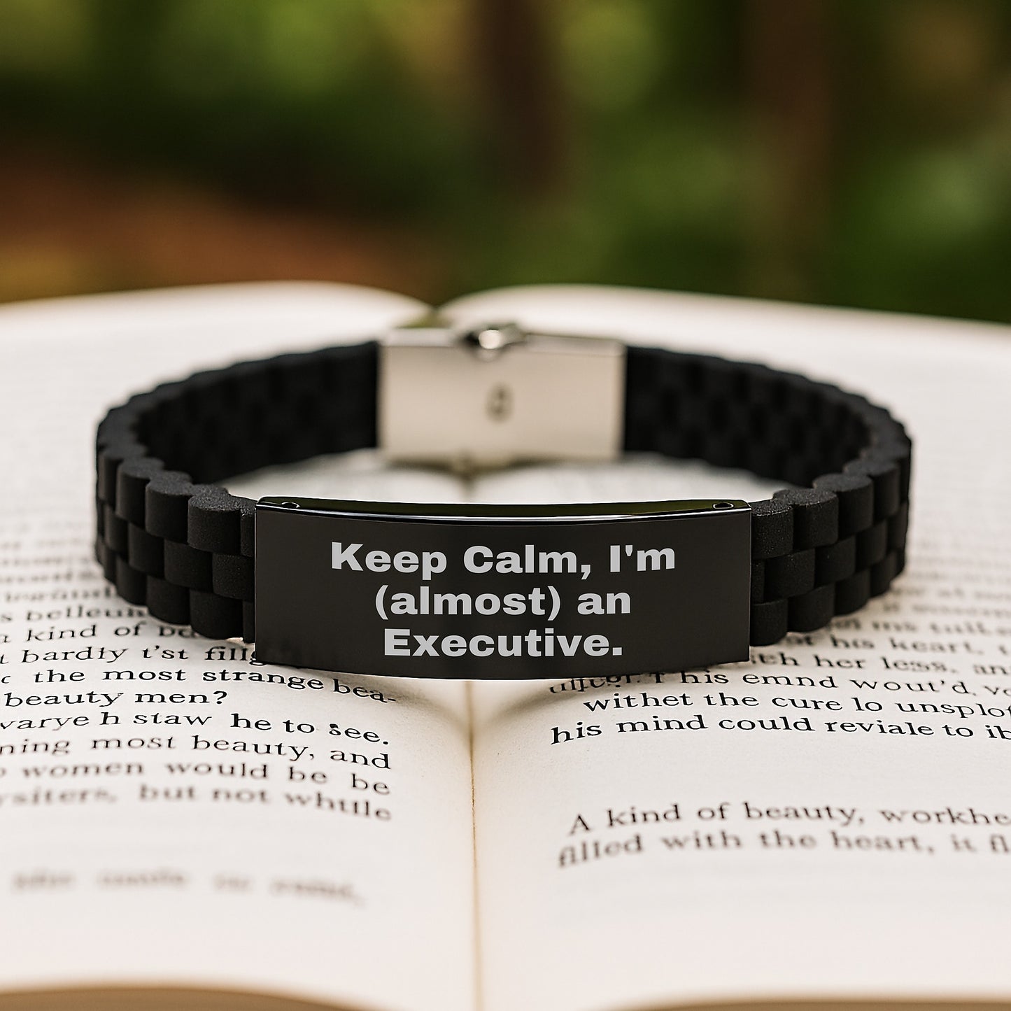 Funny Executive Gifts from Friends: Keep Calm I'm (almost) An Executive. Glide lock Clasp Black Stainless Steel Silicone Adjustable Graduation Unique Gifts for Executive Men - Image 2