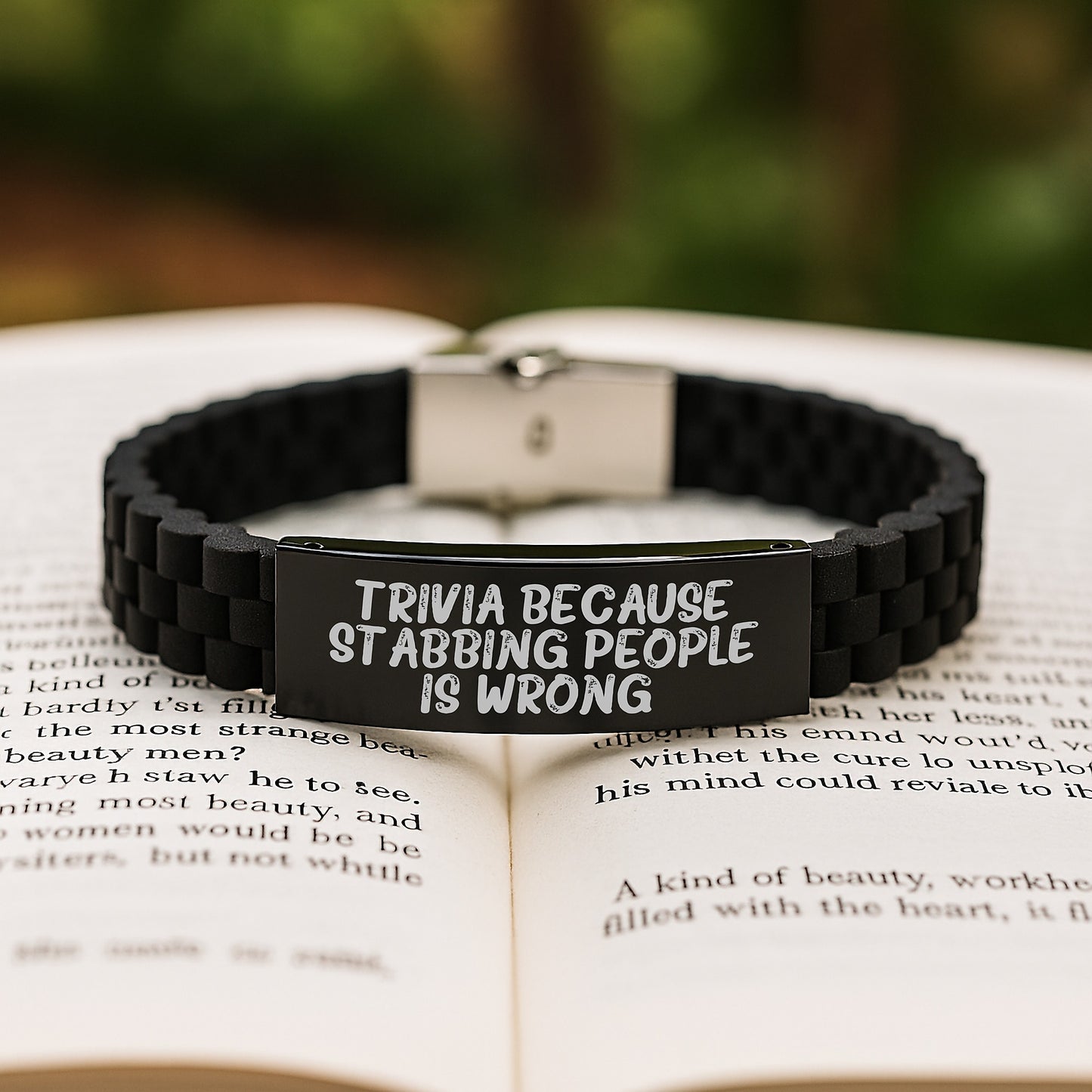 Trivia Gifts, Funny Quote, Glide lock Clasp Birthday Unique Gifts from Friends, for Trivia Enthusiasts, Trivia Because Stabbing People Is Wrong. - Image 2