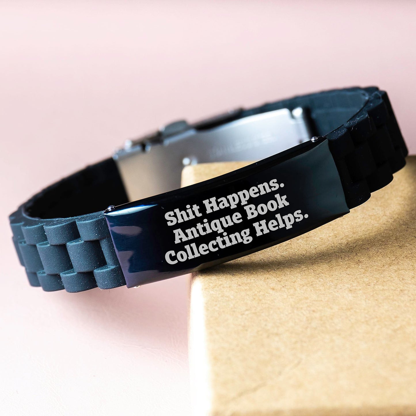 Funny Antique Book Collecting Gifts for Men, Birthday Unique Gifts from Friends, Glide lock Clasp Bracelet with Silver Black Stainless Steel and Silicone - Image 3