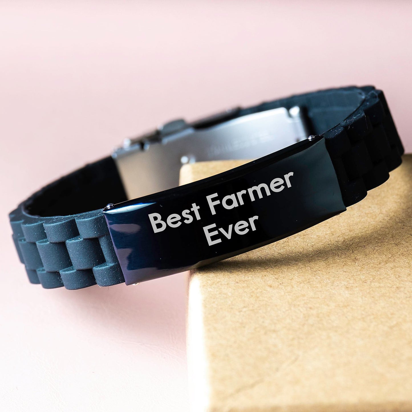 Farmer Best, Funny Quote Gifts from Friends to Farmer for Graduation, Adjustable Glide lock Clasp Black Stainless Steel Silicone Bracelet - Image 3