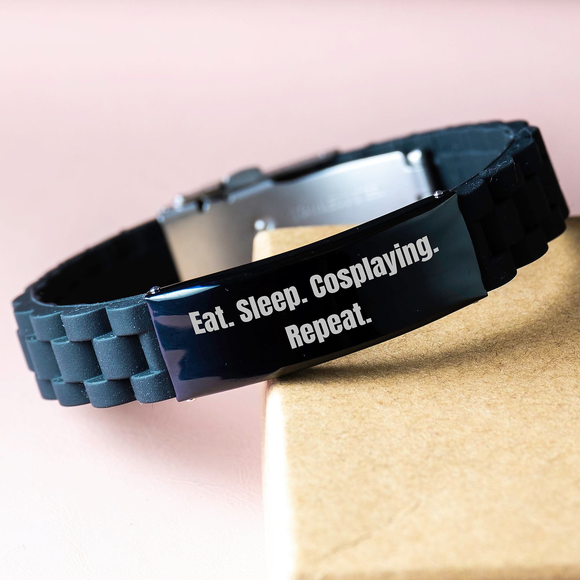 Cosplaying Gifts from Friends, Eat. Sleep. Cosplaying. Repeat. Glide lock Clasp Black Stainless Steel Adjustable Men's Women's Graduation Unique Gifts for Cosplaying Enthusiasts - Image 3