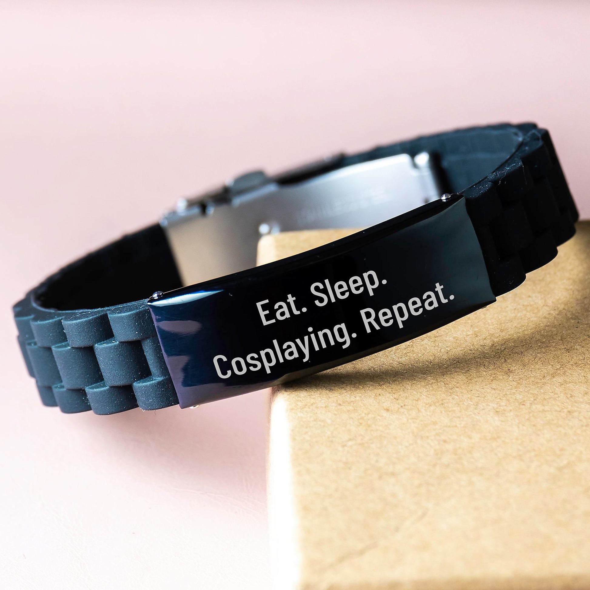 Funny Cosplaying Gifts from Friends for Graduation - Eat. Sleep. Cosplaying. Repeat. Glide lock Clasp Bracelet for Men and Women - Image 3