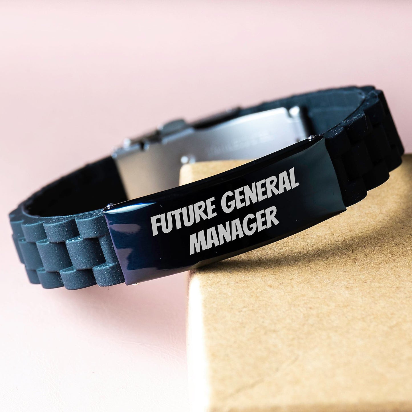 Funny General Manager Gifts from Friends for Future Leaders Glide lock Clasp Birthday, Inspirational Quote, Adjustable Silver Black Stainless Steel Silicone, Premium Bag - Image 3
