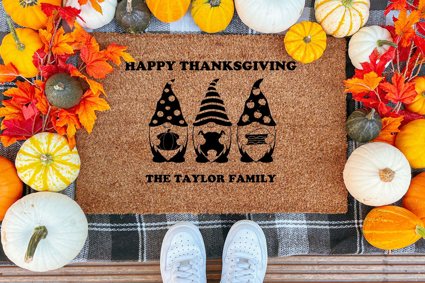 Custom Gnome Thanksgiving Personalized Welcome Doormat - Mallard Moon Gift Shop