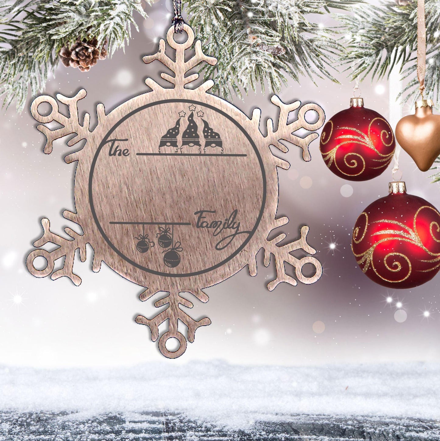 Gnome Family Name Personalized Laser Engraved Stainless Steel Snowflake Tree Ornament - Mallard Moon Gift Shop