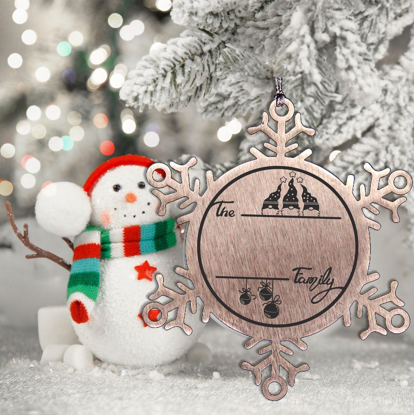 Gnome Family Name Personalized Laser Engraved Stainless Steel Snowflake Tree Ornament - Mallard Moon Gift Shop