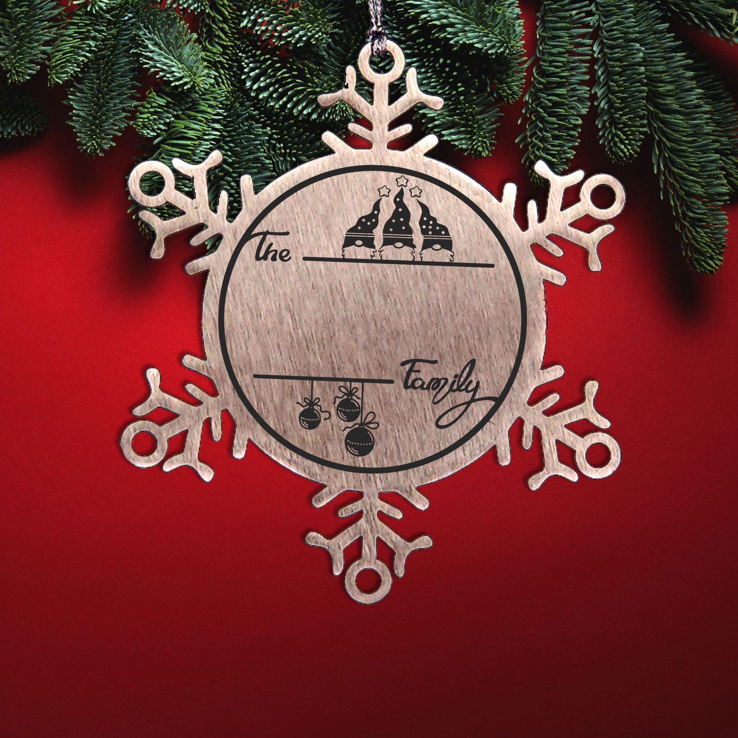 Gnome Family Name Personalized Laser Engraved Stainless Steel Snowflake Tree Ornament - Mallard Moon Gift Shop
