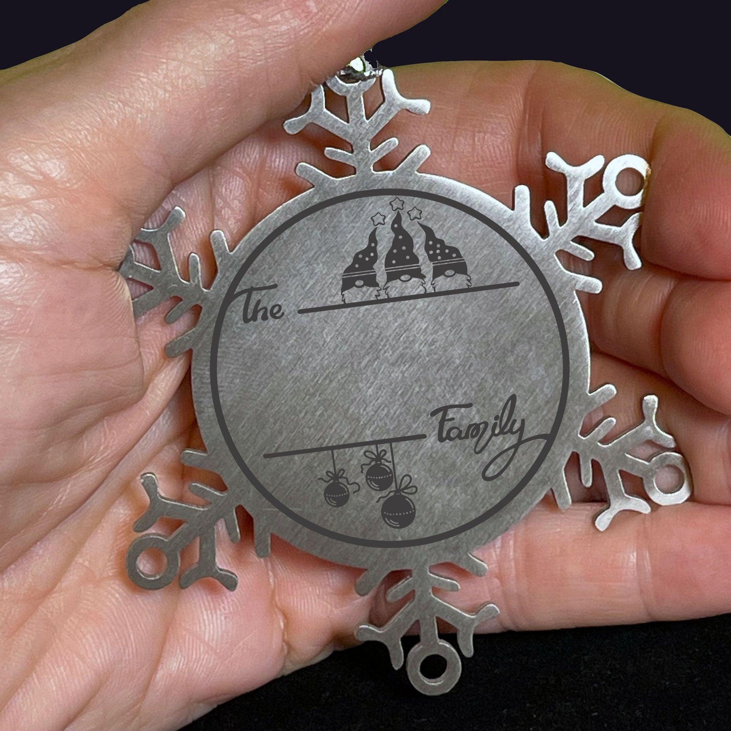 Gnome Family Name Personalized Laser Engraved Stainless Steel Snowflake Tree Ornament - Mallard Moon Gift Shop