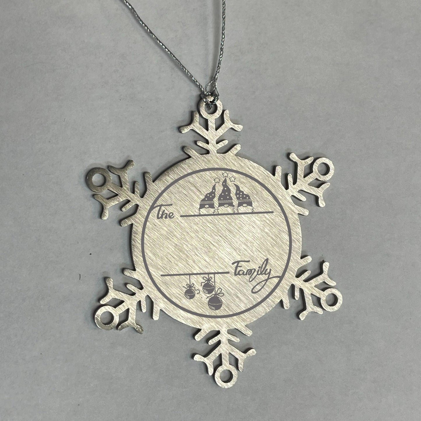 Gnome Family Name Personalized Laser Engraved Stainless Steel Snowflake Tree Ornament - Mallard Moon Gift Shop
