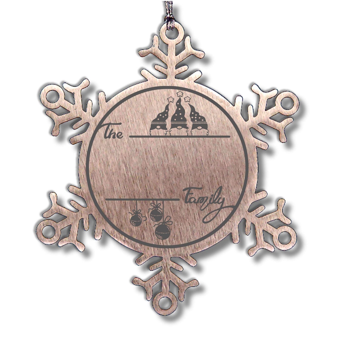 Gnome Family Name Personalized Laser Engraved Stainless Steel Snowflake Tree Ornament - Mallard Moon Gift Shop