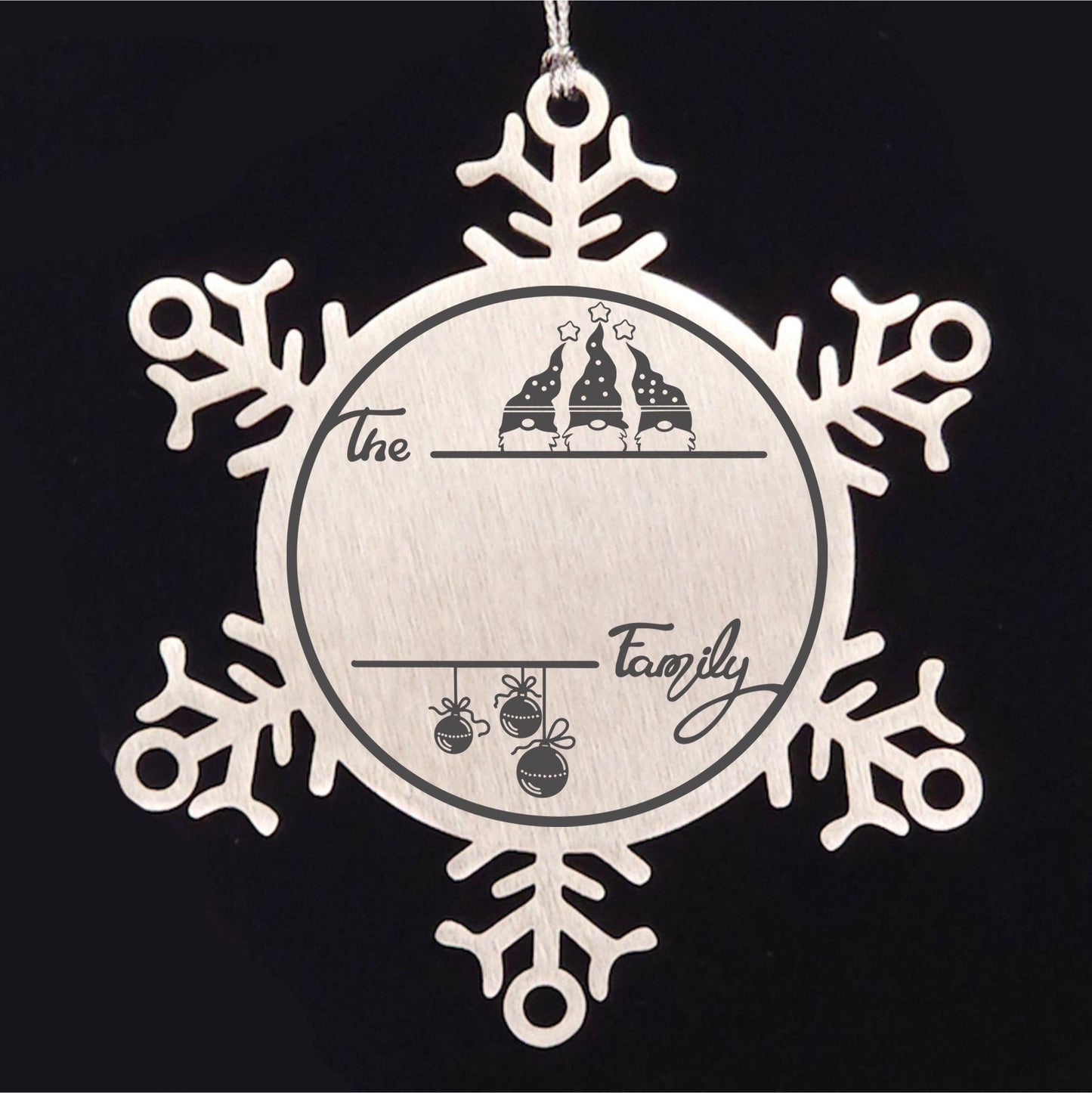 Gnome Family Name Personalized Laser Engraved Stainless Steel Snowflake Tree Ornament - Mallard Moon Gift Shop