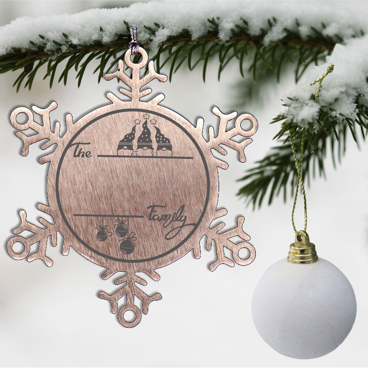 Gnome Family Name Personalized Laser Engraved Stainless Steel Snowflake Tree Ornament - Mallard Moon Gift Shop