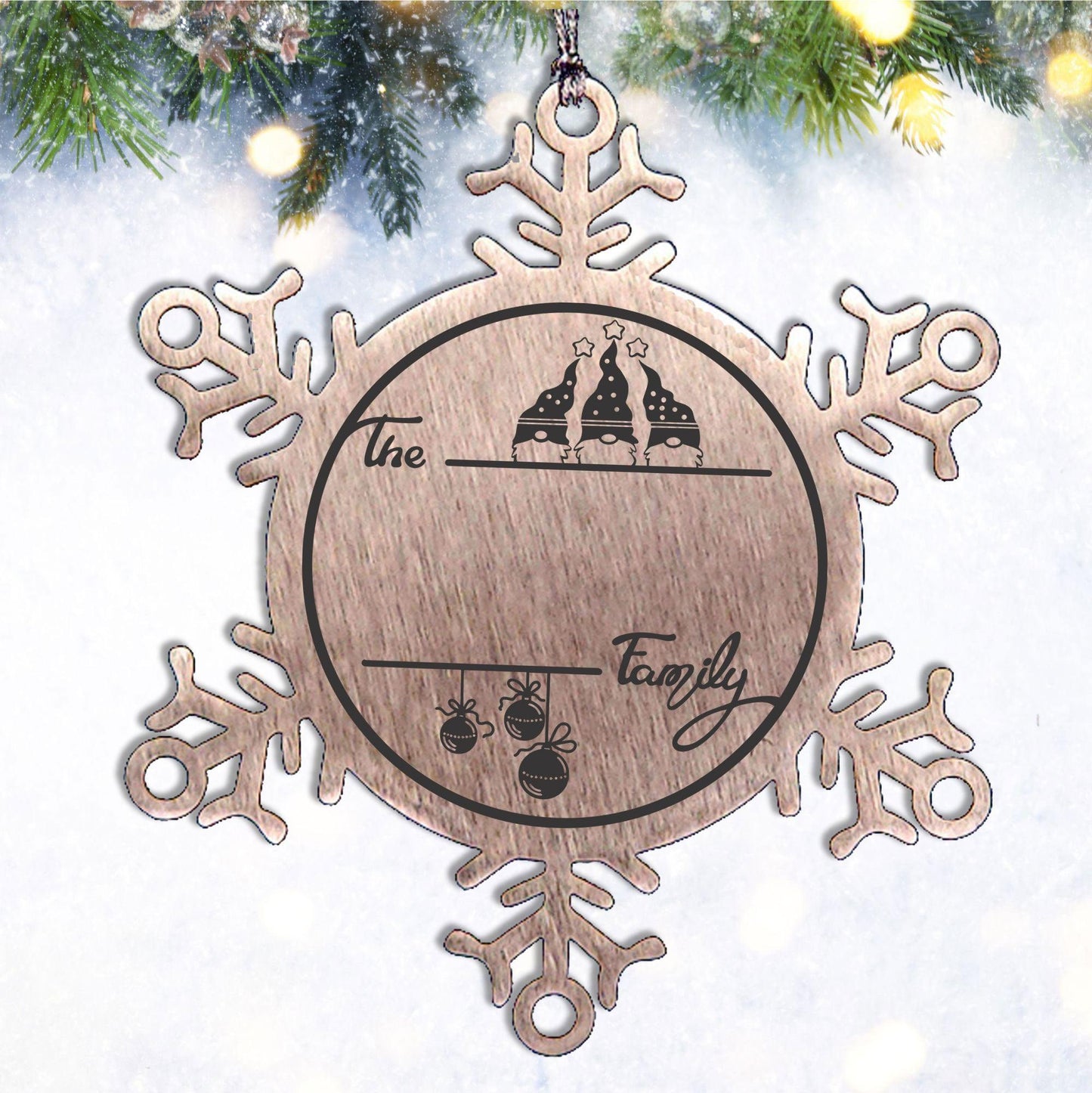 Gnome Family Name Personalized Laser Engraved Stainless Steel Snowflake Tree Ornament - Mallard Moon Gift Shop