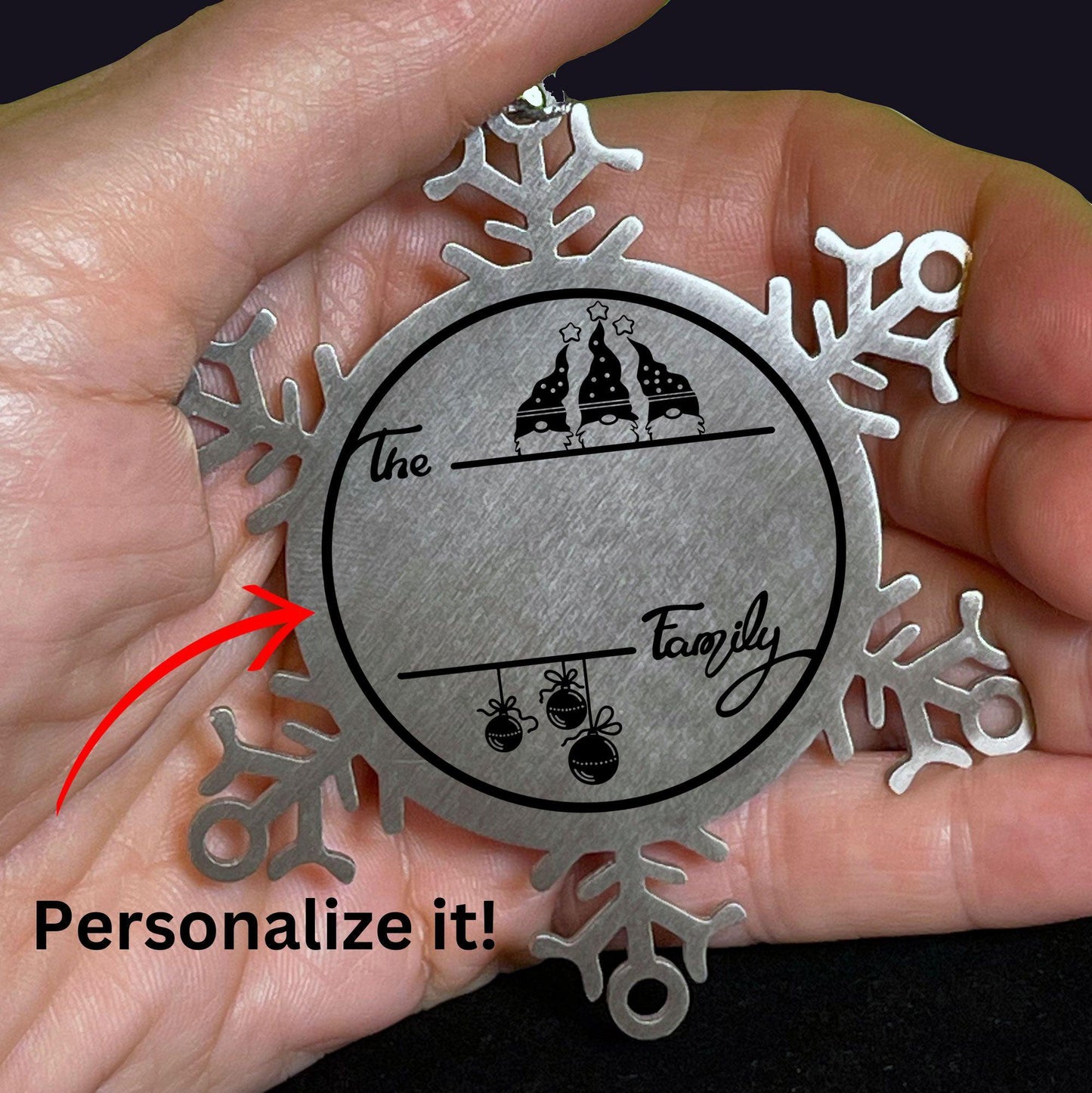 Gnome Family Name Personalized Laser Engraved Stainless Steel Snowflake Tree Ornament - Mallard Moon Gift Shop