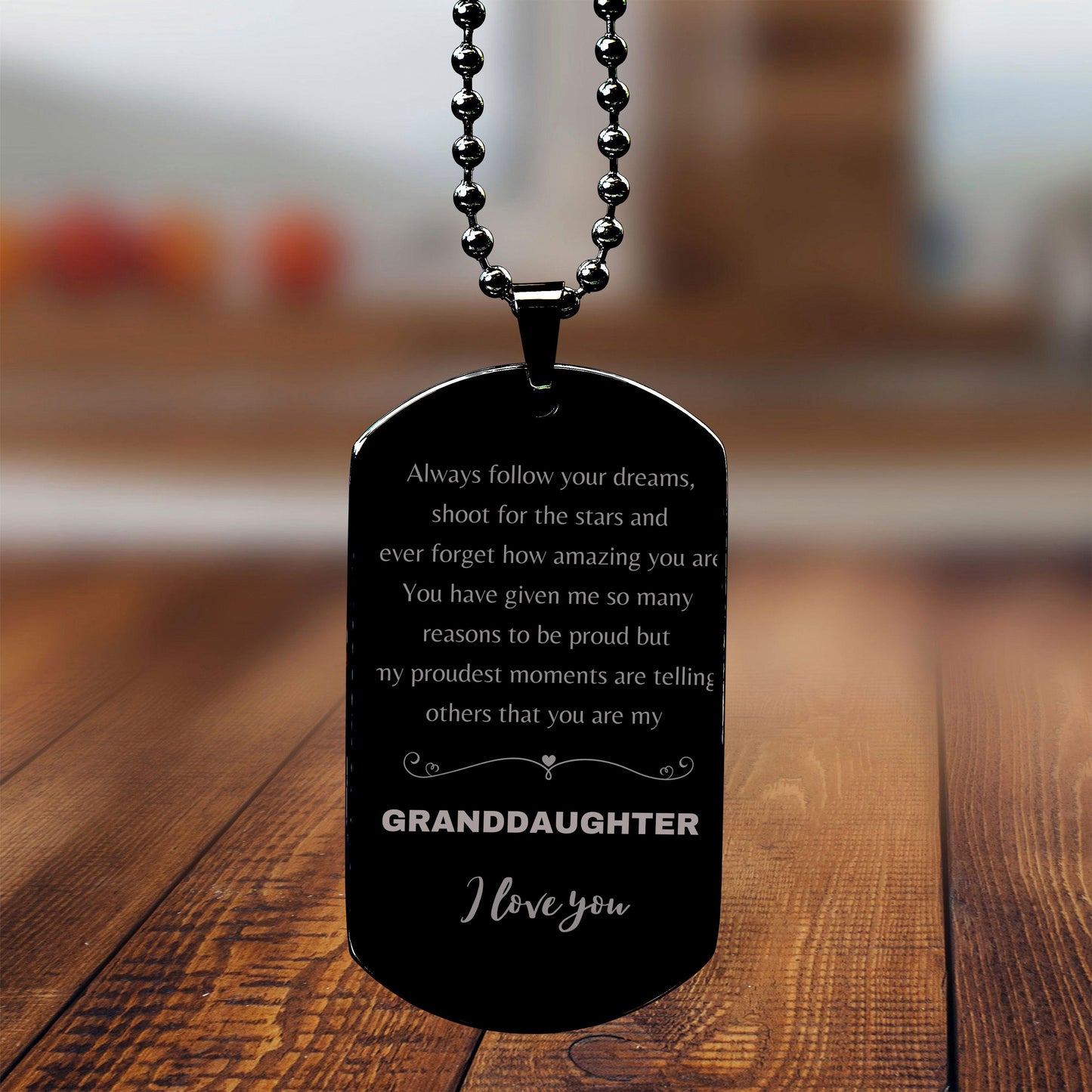 Granddaughter Engraved Black Dog Tag, Motivational Heartfelt Birthday, Christmas Holiday Gifts For Granddaughter, You are Braver than you Believe, Loved More than you Know - Mallard Moon Gift Shop
