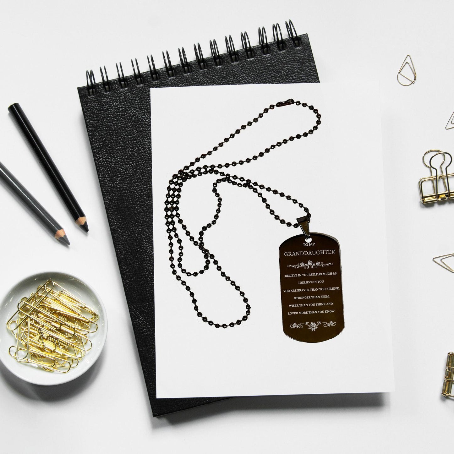 Granddaughter Engraved Black Dog Tag, Motivational Heartfelt Birthday, Christmas Holiday Gifts For Granddaughter, You are Braver than you Believe, Loved More than you Know - Mallard Moon Gift Shop