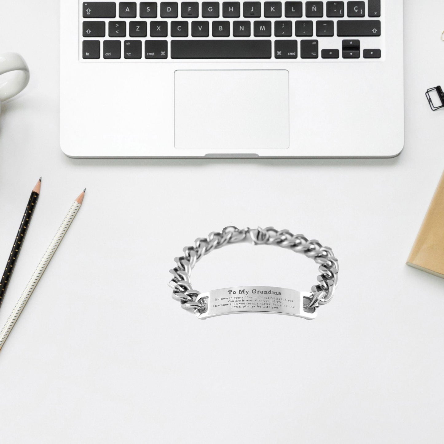 Grandma Cuban Chain Stainless Steel Engraved Bracelet You are braver than you believe, stronger than you seem, Inspirational Birthday, Christmas Gifts - Mallard Moon Gift Shop