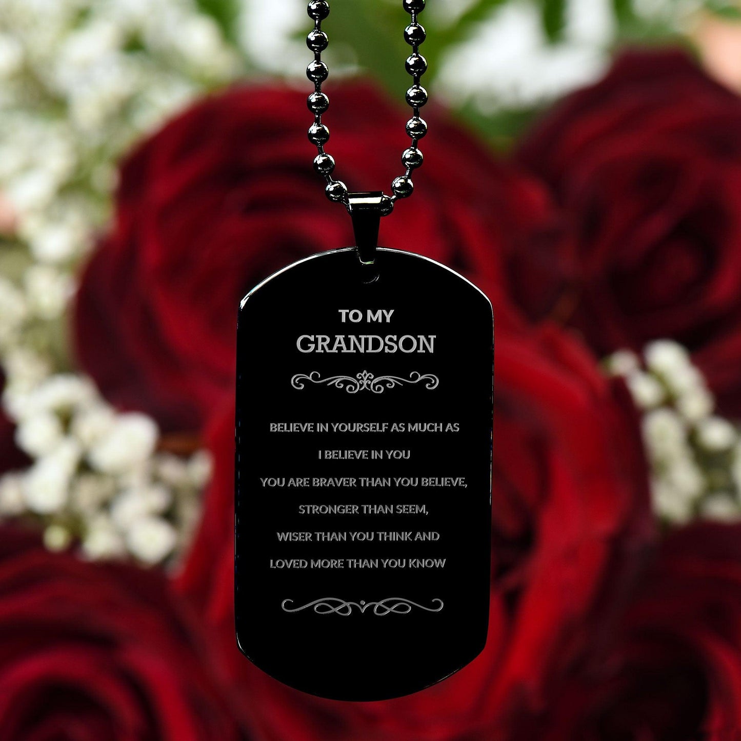 Grandson Engraved Black Dog Tag, Motivational Heartfelt Birthday, Christmas Holiday Gifts For Grandson, You are Braver than you Believe, Loved More than you Know - Mallard Moon Gift Shop