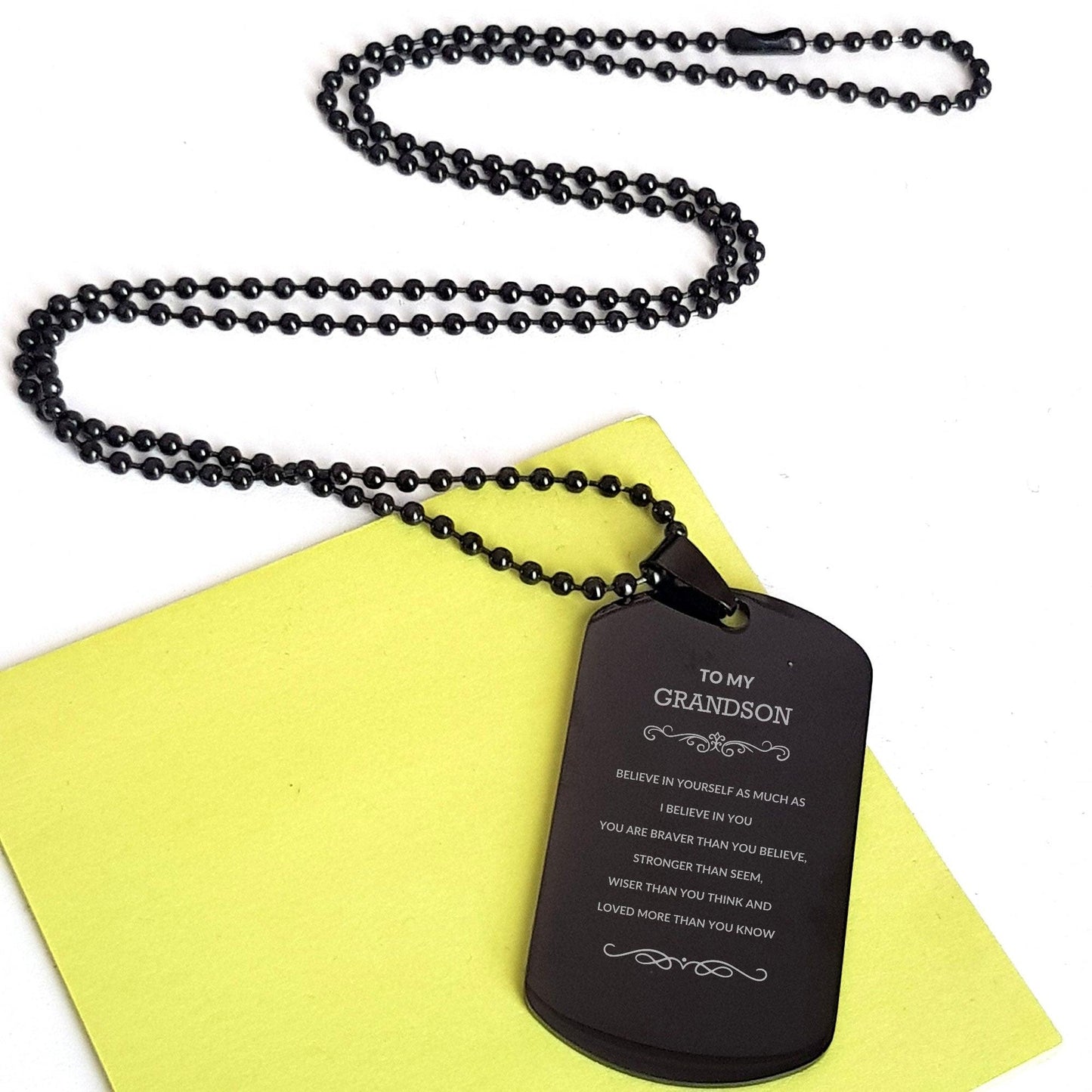 Grandson Engraved Black Dog Tag, Motivational Heartfelt Birthday, Christmas Holiday Gifts For Grandson, You are Braver than you Believe, Loved More than you Know - Mallard Moon Gift Shop