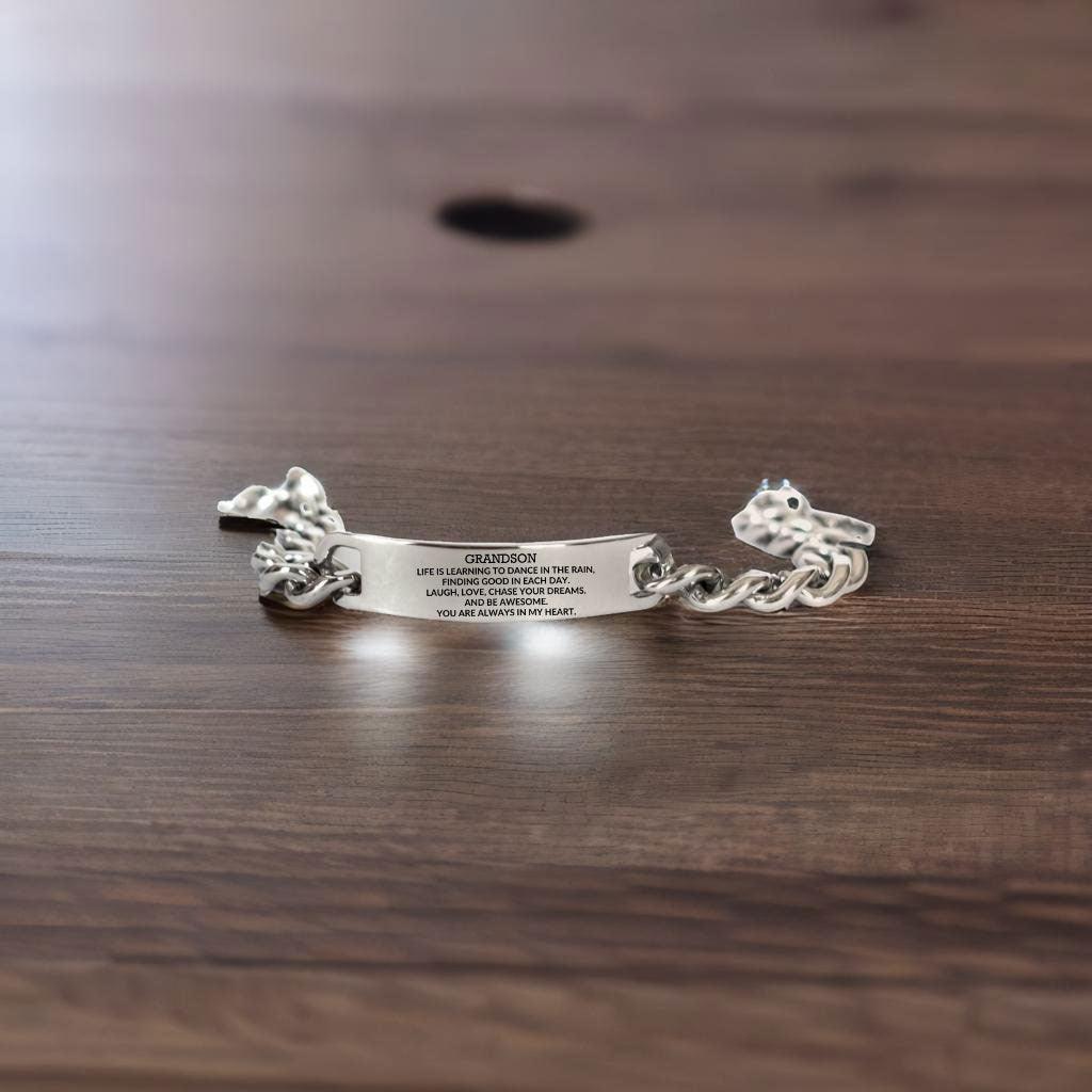 Grandson Engraved Cuban Chain Stainless Steel Bracelet, Birthday Christmas Gifts Life is Learning to Dance in the Rain, You are Always in My Heart - Mallard Moon Gift Shop