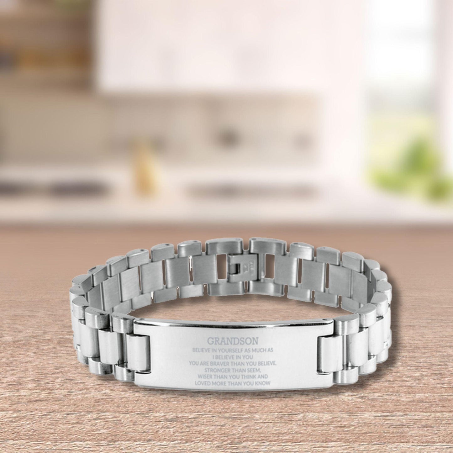Grandson Engraved Ladder Stainless Steel Bracelet, Motivational Heartfelt Birthday, Christmas Holiday Gifts For Grandson, You are Braver than you Believe, Loved More than you Know - Mallard Moon Gift Shop