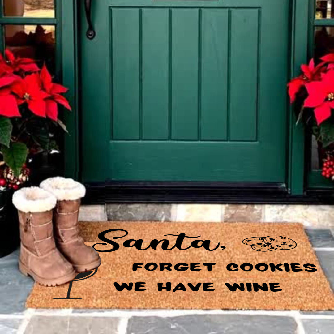 Santa Forget Cookies We Have Wine Funny Christmas Doormat – Holiday Front Porch Welcome Mat, Rustic Coir Entry Rug for Wine Lovers