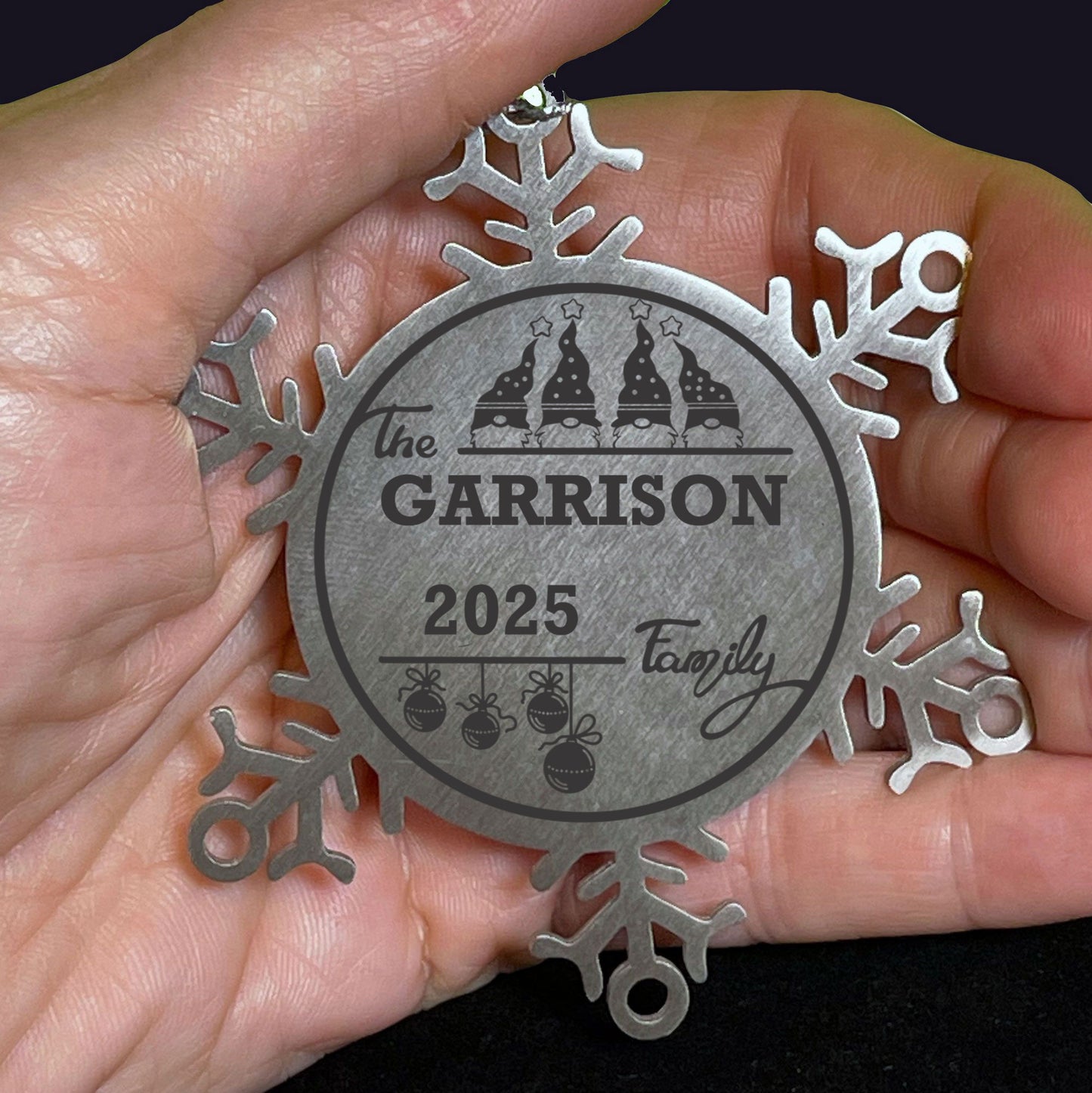 Personalized 4 Gnome Family Snowflake Ornament – Custom Stainless Steel Christmas Keepsake with Gift Bag – Engraved Names & Dates Holiday Decor for Family or Friends - Mallard Moon