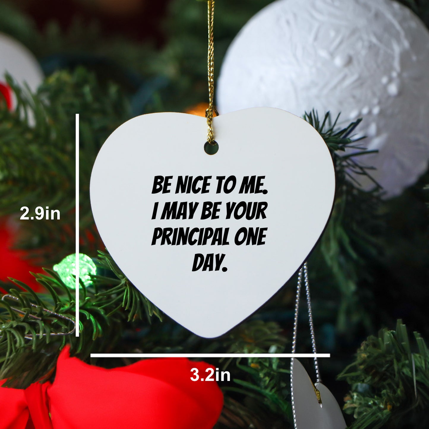 Funny Principal Heart Ornament Gifts from Friends, Coworkers or Family for Christmas - 'Be Nice To Me. I May Be Your Principal One Day.' - Mallard Moon