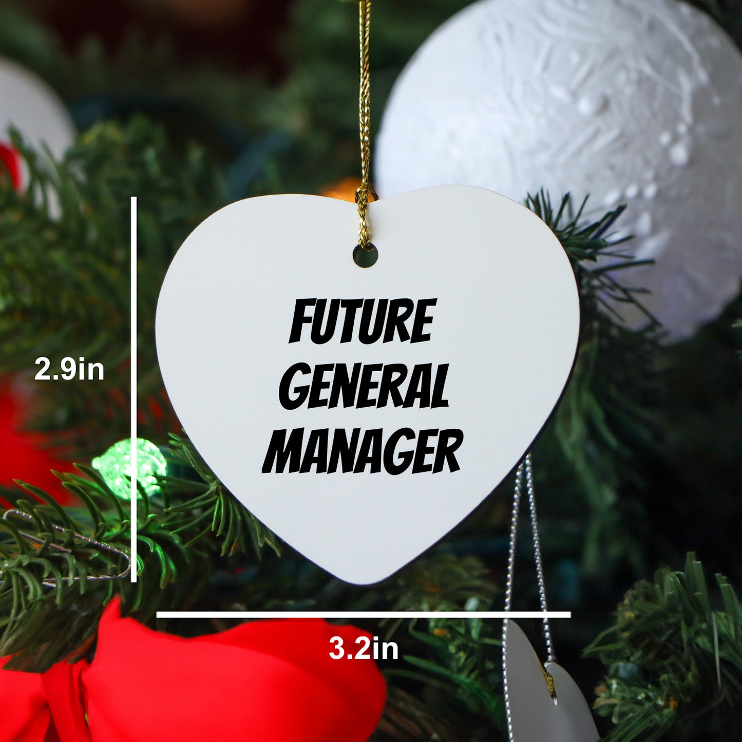 Funny General Manager Heart Christmas Tree Ornament with 'Future General Manager' Quote, - Mallard Moon