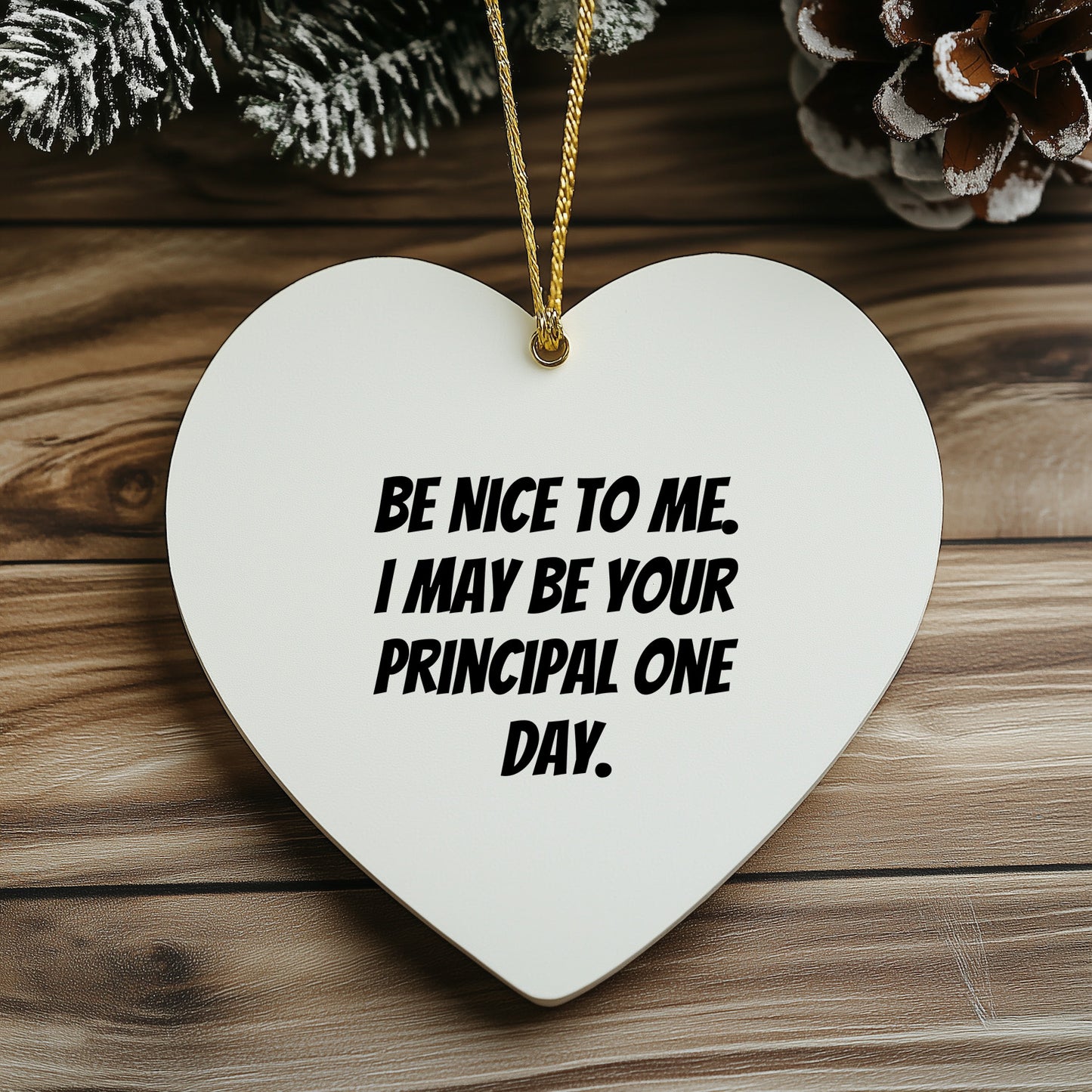 Funny Principal Heart Ornament Gifts from Friends, Coworkers or Family for Christmas - 'Be Nice To Me. I May Be Your Principal One Day.' - Mallard Moon