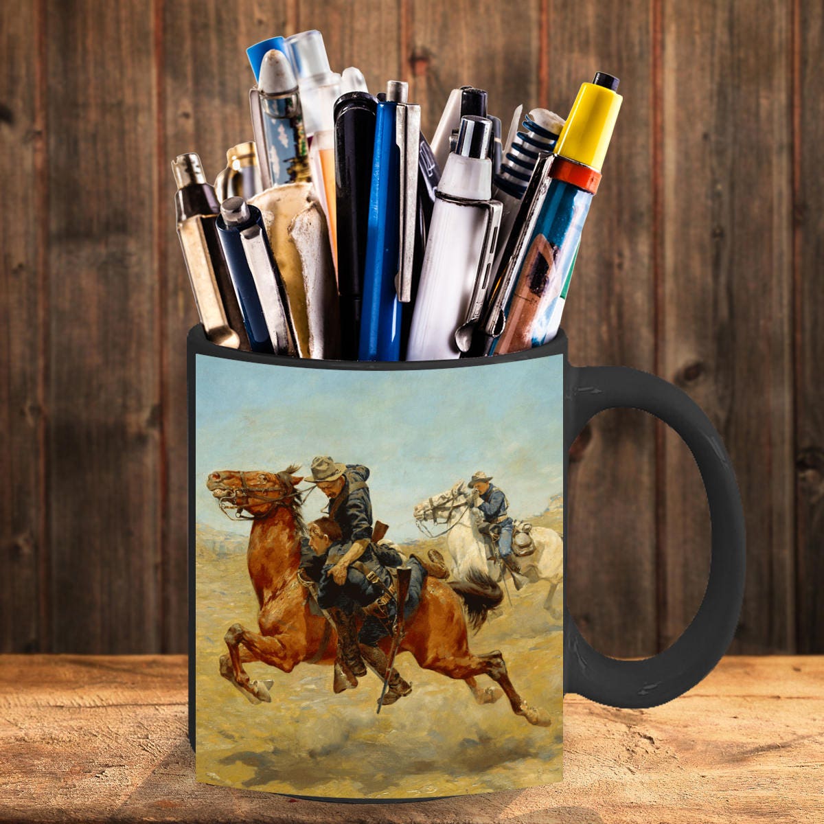Frontier Trooper - My Bunkie Western Art Black Ceramic 15 oz Mug