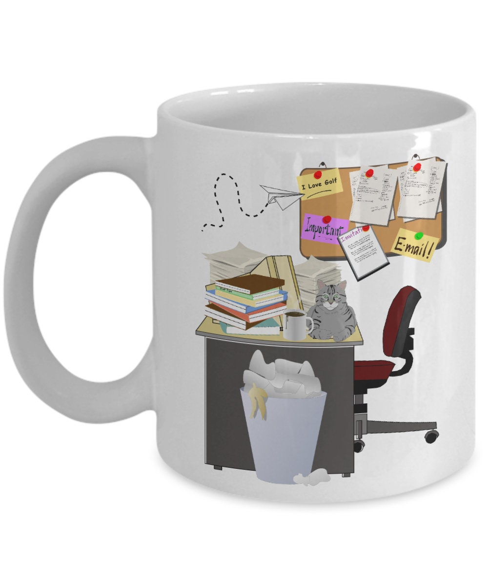 Cluttered office desk golf theme mug - Mallard Moon Gift Shop