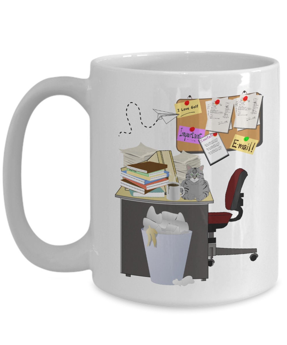 Cluttered office desk golf theme mug - Mallard Moon Gift Shop