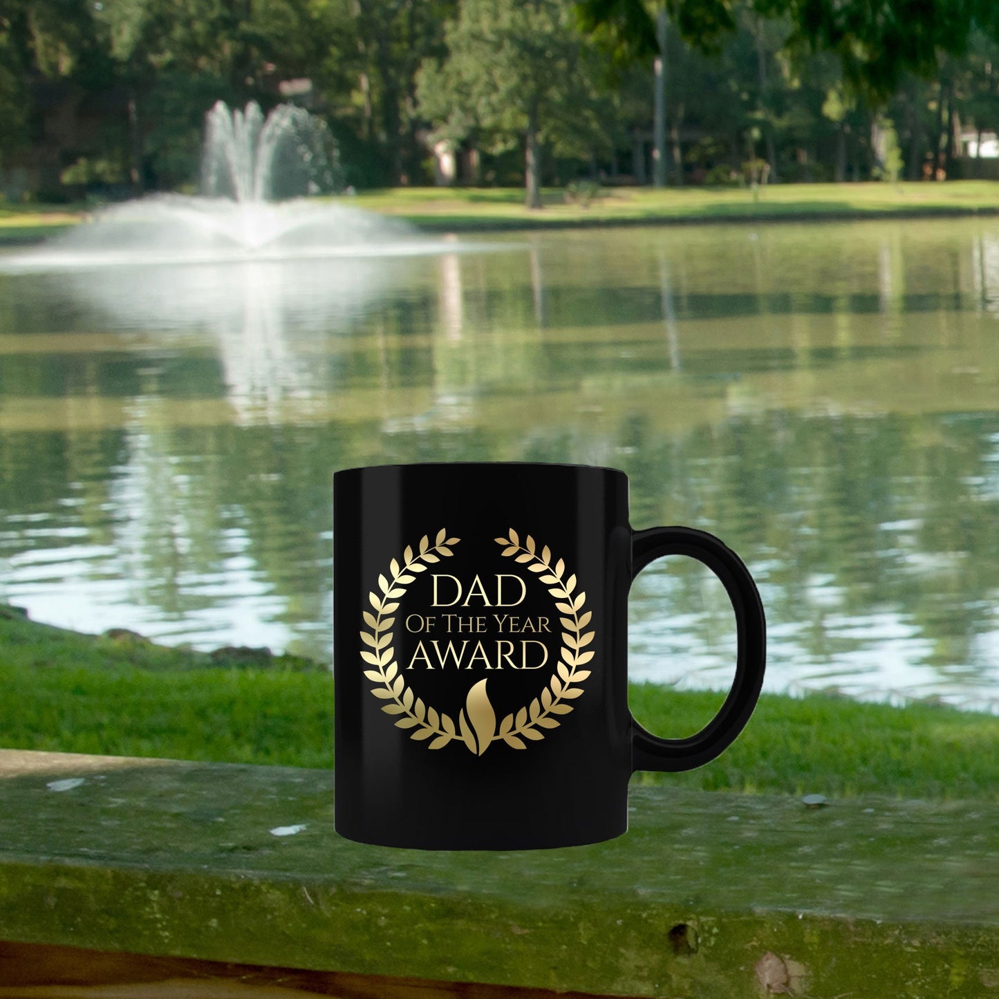 Dad of the Year Award Gold lettering on black mug - Mallard Moon Gift Shop
