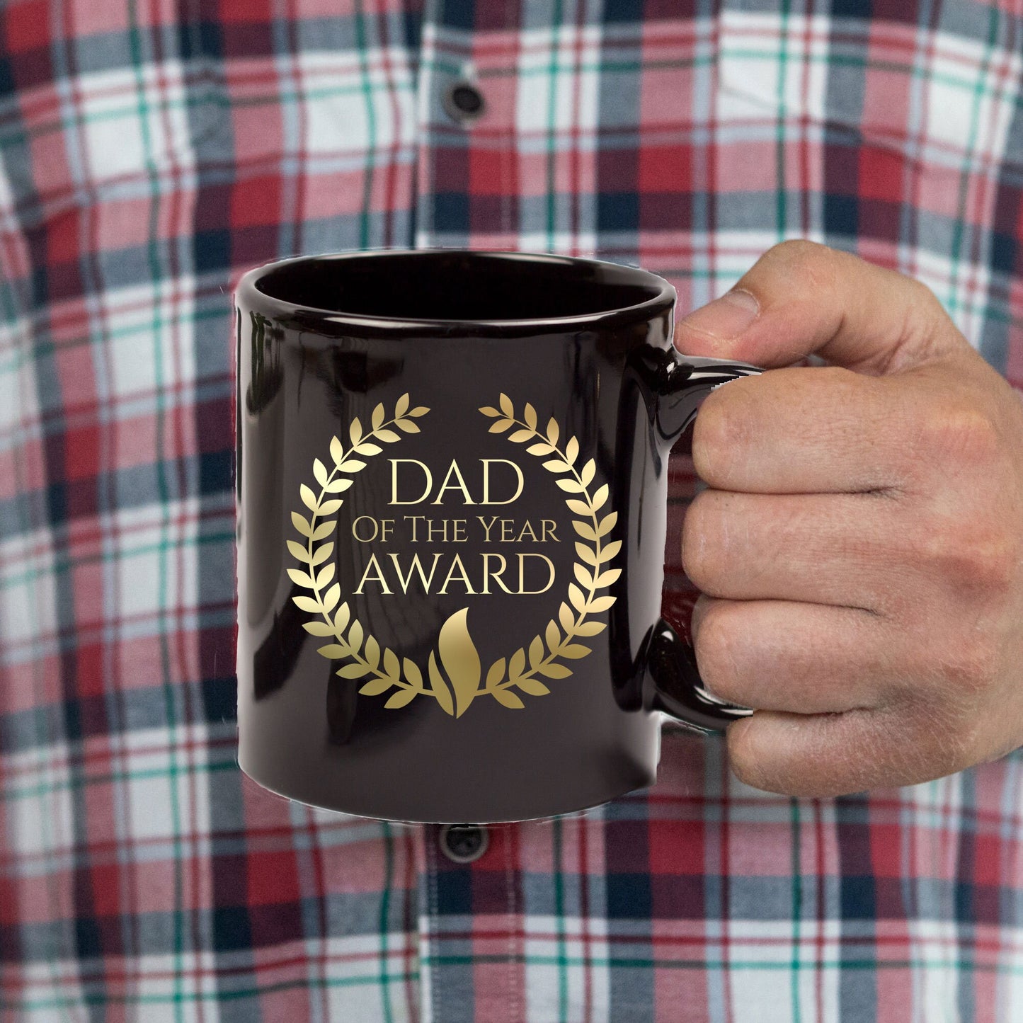 Dad of the Year Award Gold lettering on black mug - Mallard Moon Gift Shop