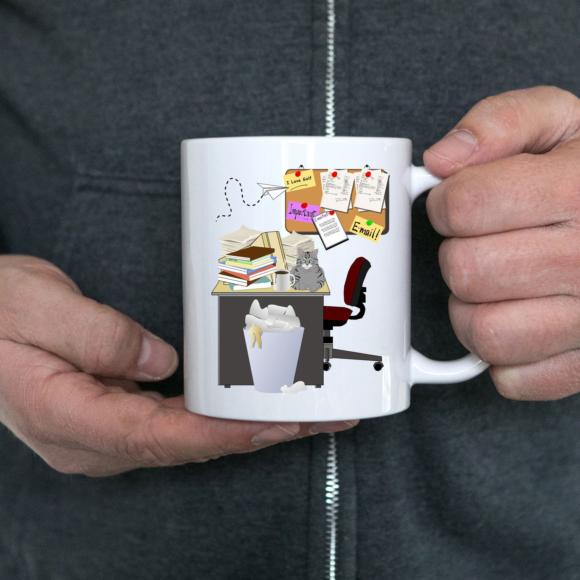 Cluttered office desk golf theme mug - Mallard Moon Gift Shop