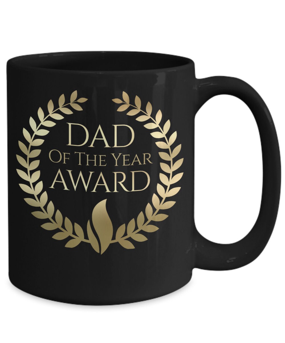 Dad of the Year Award Gold lettering on black mug - Mallard Moon Gift Shop