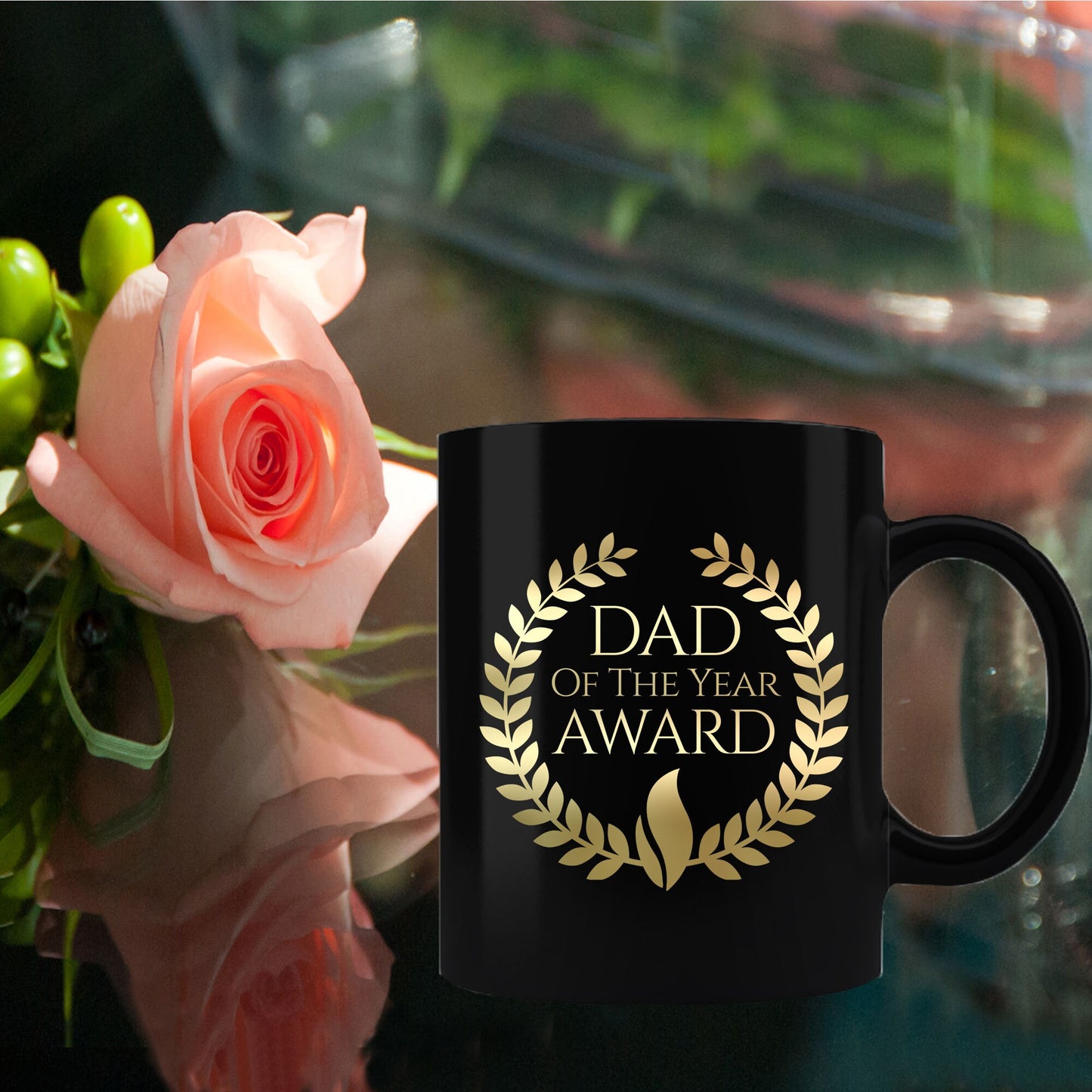 Dad of the Year Award Gold lettering on black mug - Mallard Moon Gift Shop