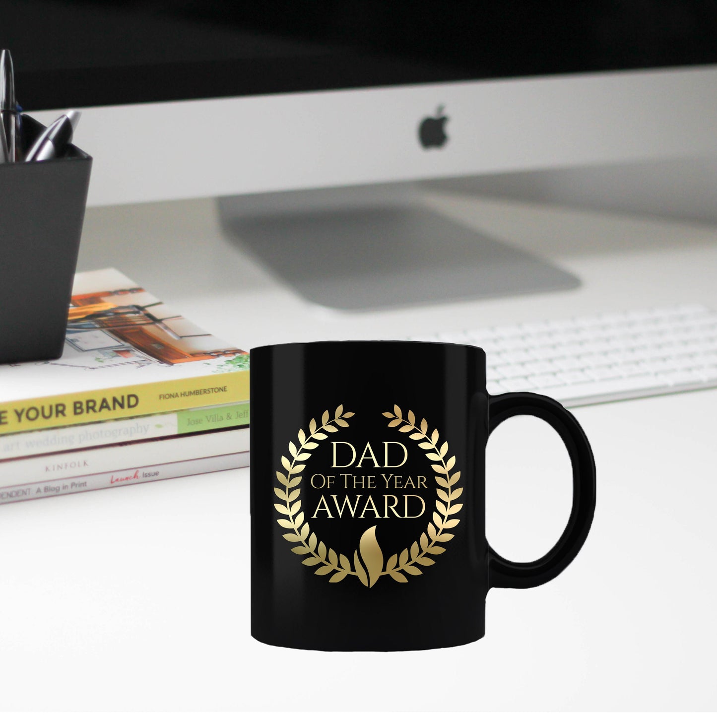 Dad of the Year Award Gold lettering on black mug - Mallard Moon Gift Shop