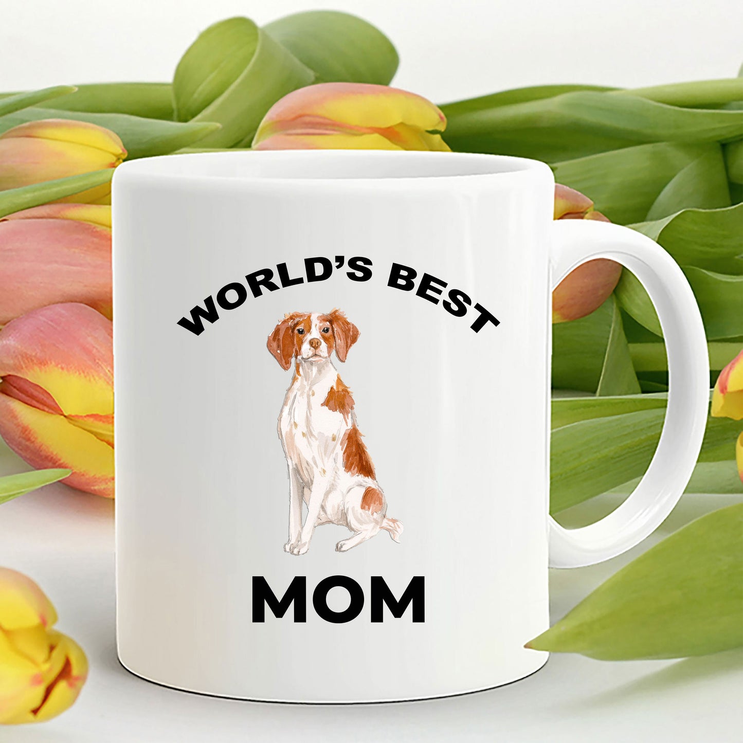 Brittany Spaniel Dog Mom Coffee Mug -White, Pink, Red, Navy and Black Two Tone - Mallard Moon Gift Shop
