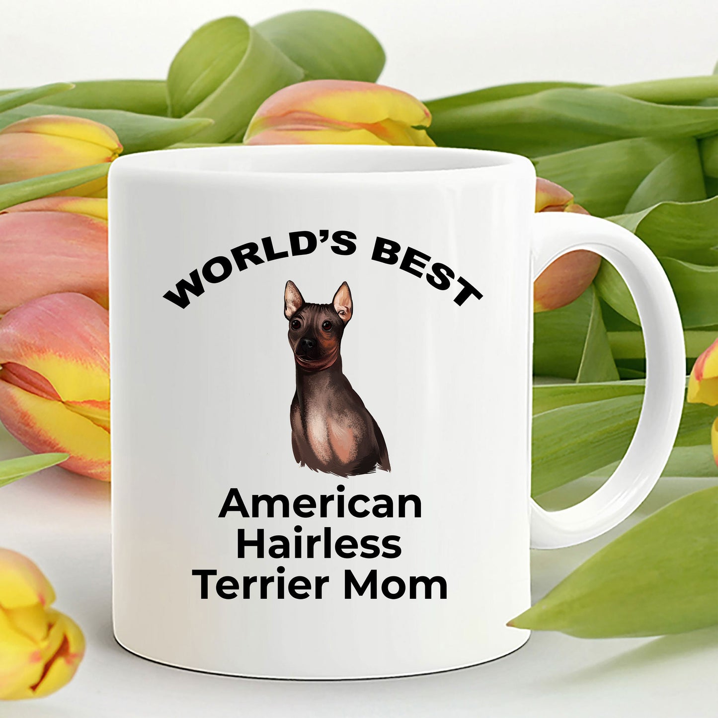 American Hairless Terrier Best Mom Coffee Mug - white, pink, black red and navy two tone - Mallard Moon Gift Shop