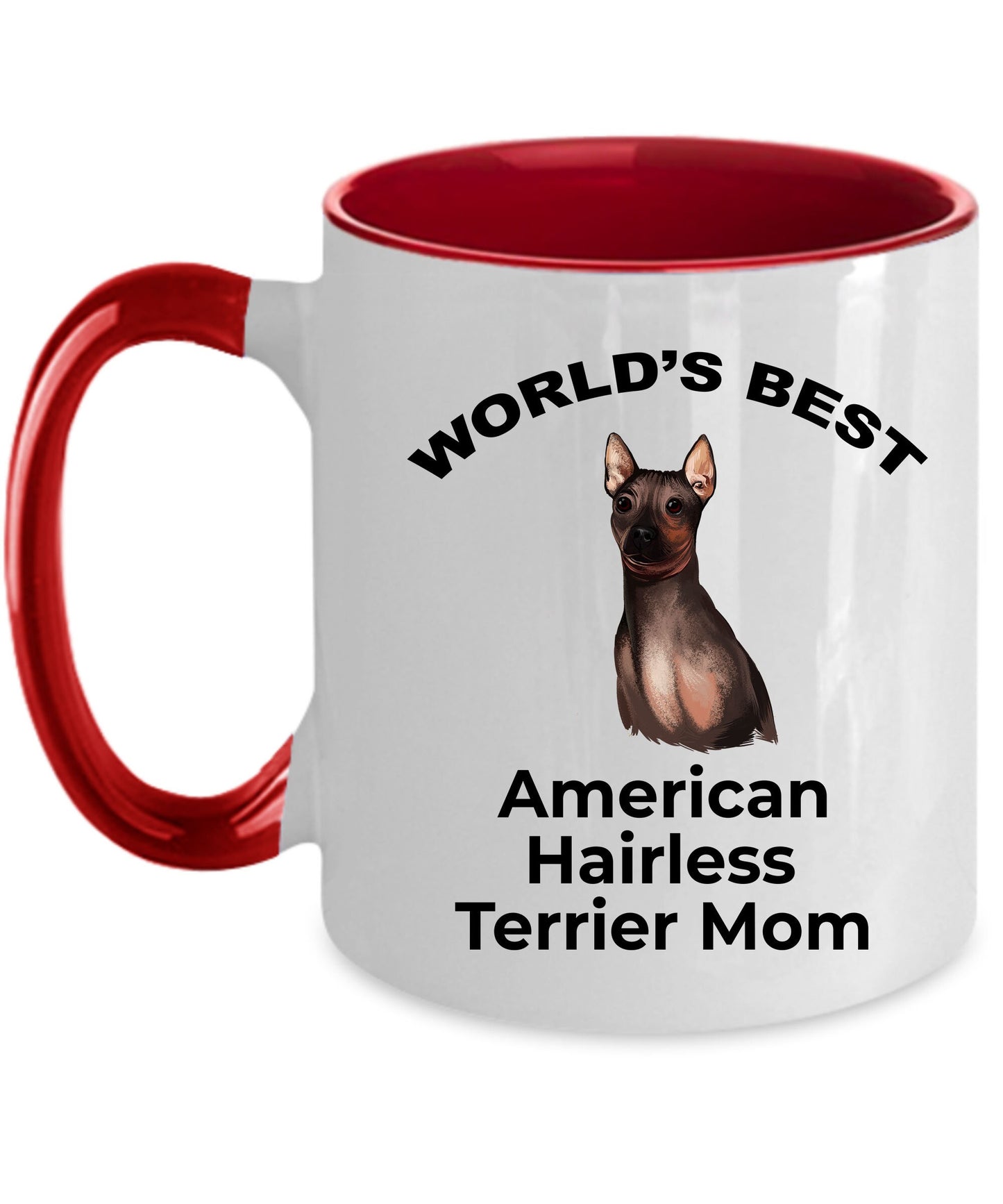 American Hairless Terrier Best Mom Coffee Mug - white, pink, black red and navy two tone - Mallard Moon Gift Shop