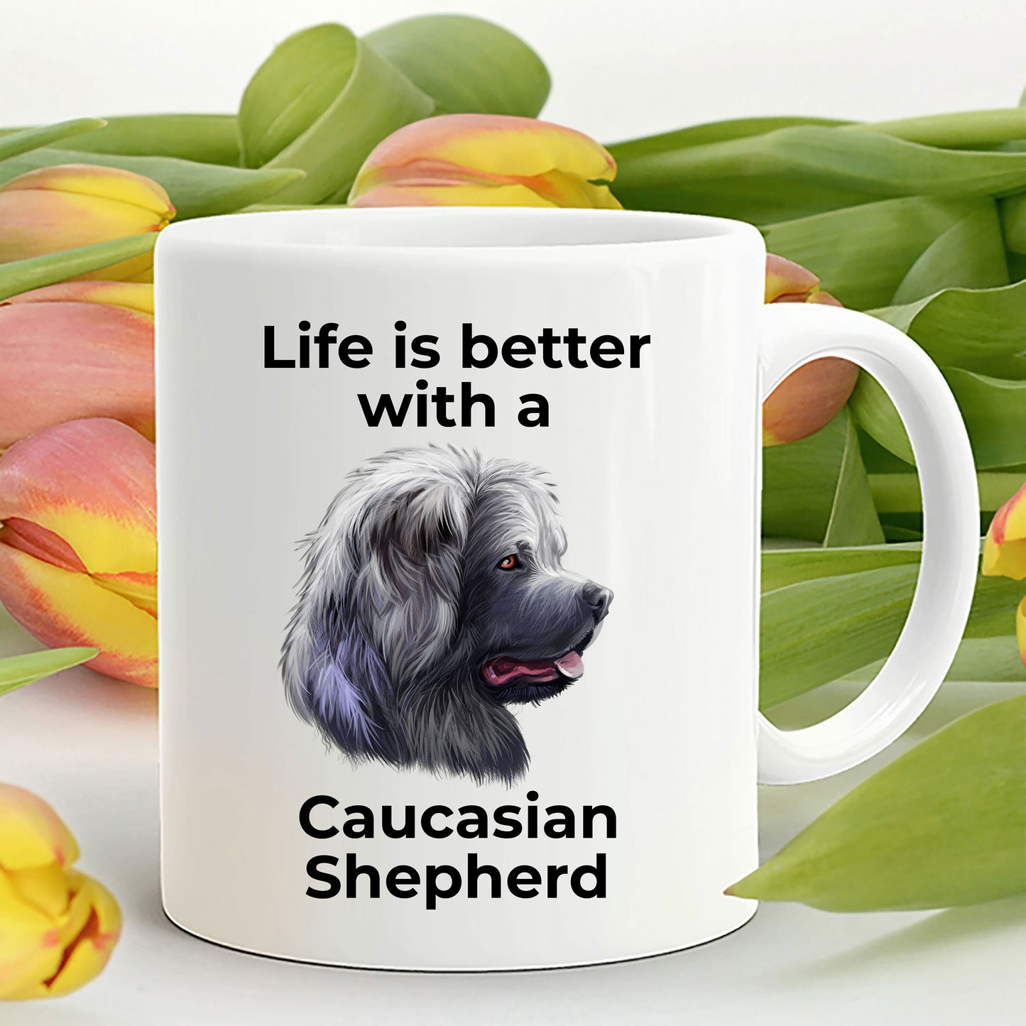 Caucasian Shepherd dog ceramic coffee mug - Life is Better - Mallard Moon Gift Shop