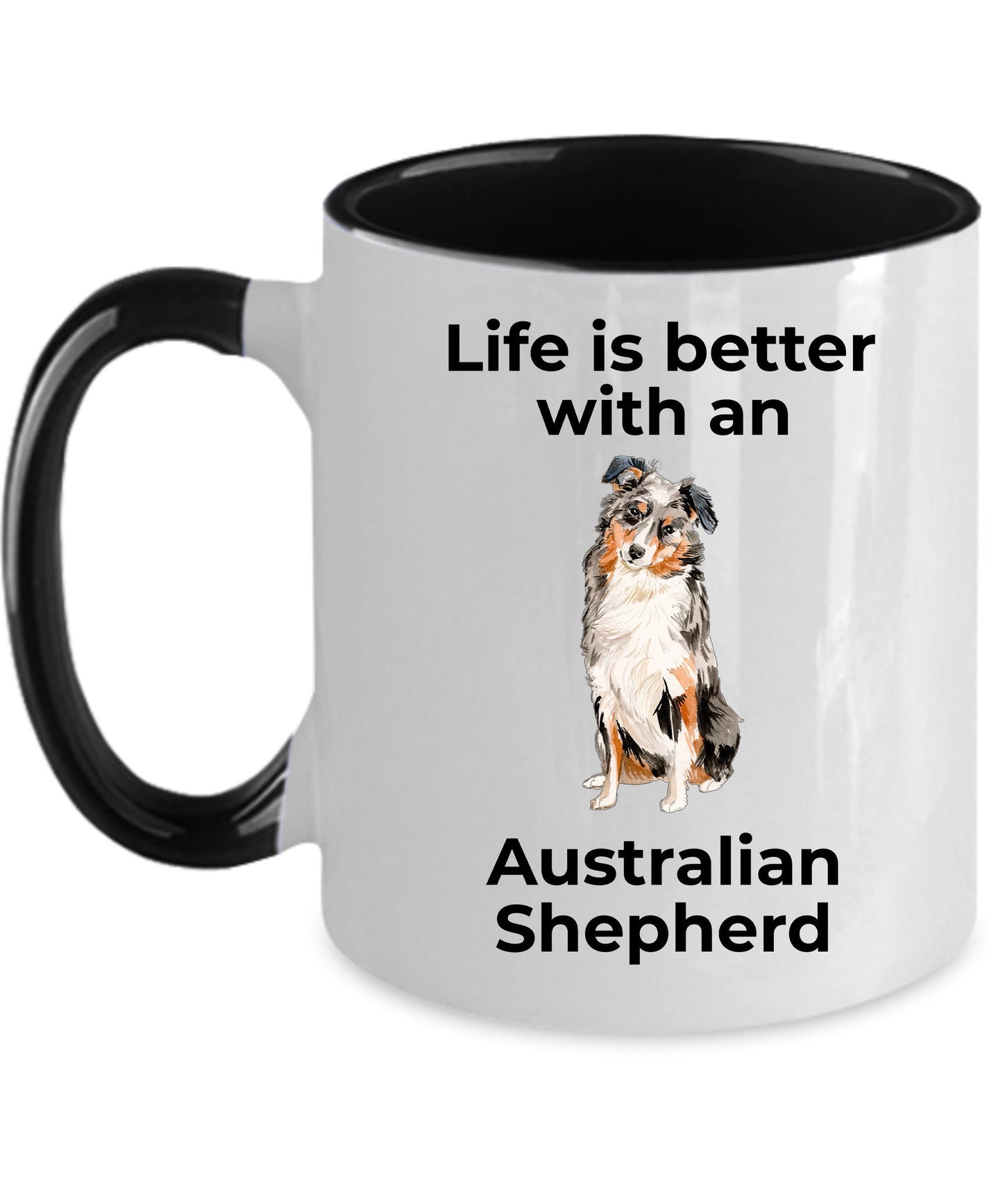 Australian Shepherd Dog two-tone color and white ceramic coffee mug - Life is Better with an Australian Shepherd - Mallard Moon Gift Shop