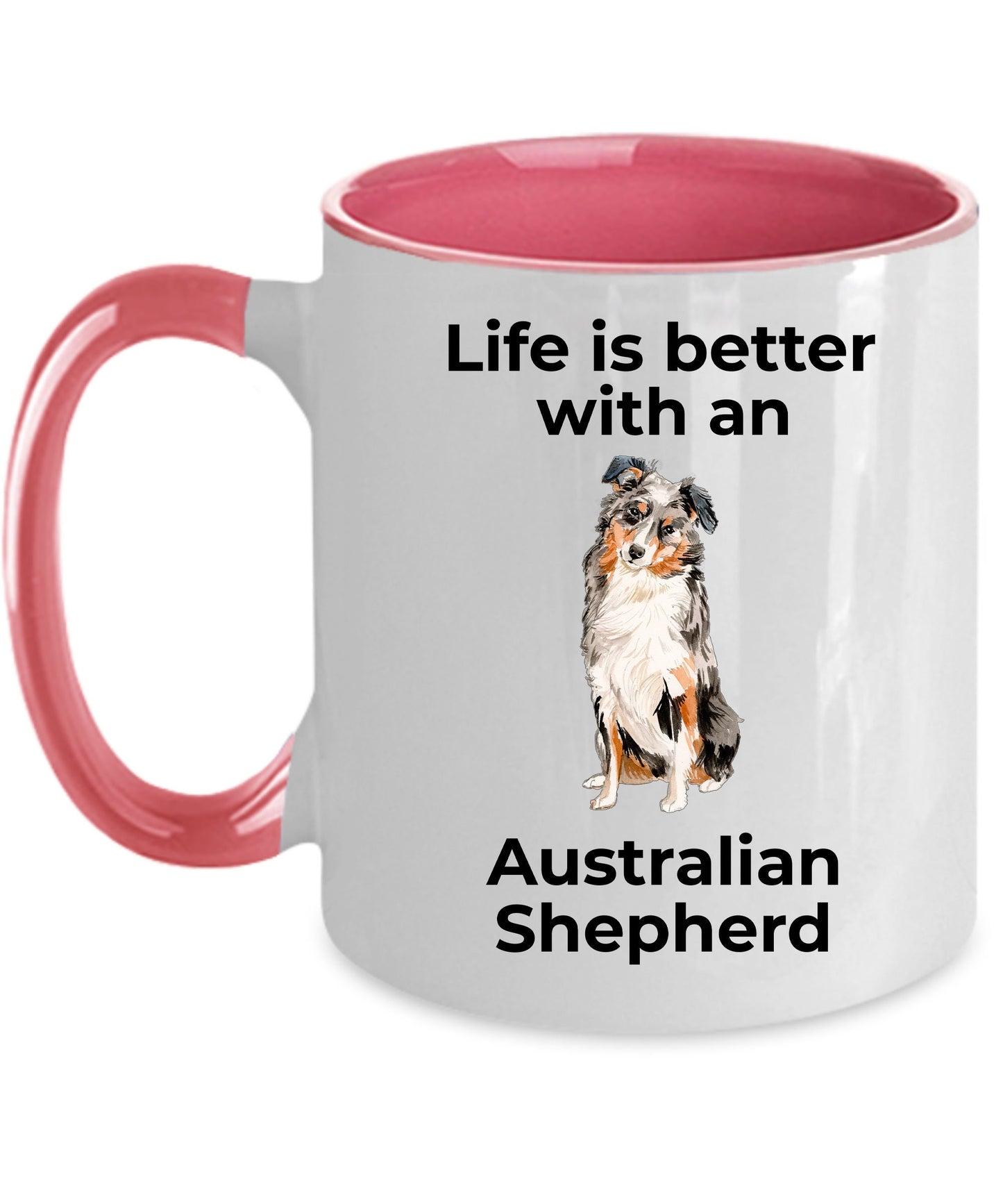 Australian Shepherd Dog two-tone color and white ceramic coffee mug - Life is Better with an Australian Shepherd - Mallard Moon Gift Shop