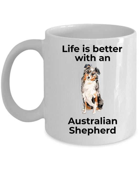Australian Shepherd Dog two-tone color and white ceramic coffee mug - Life is Better with an Australian Shepherd - Mallard Moon Gift Shop