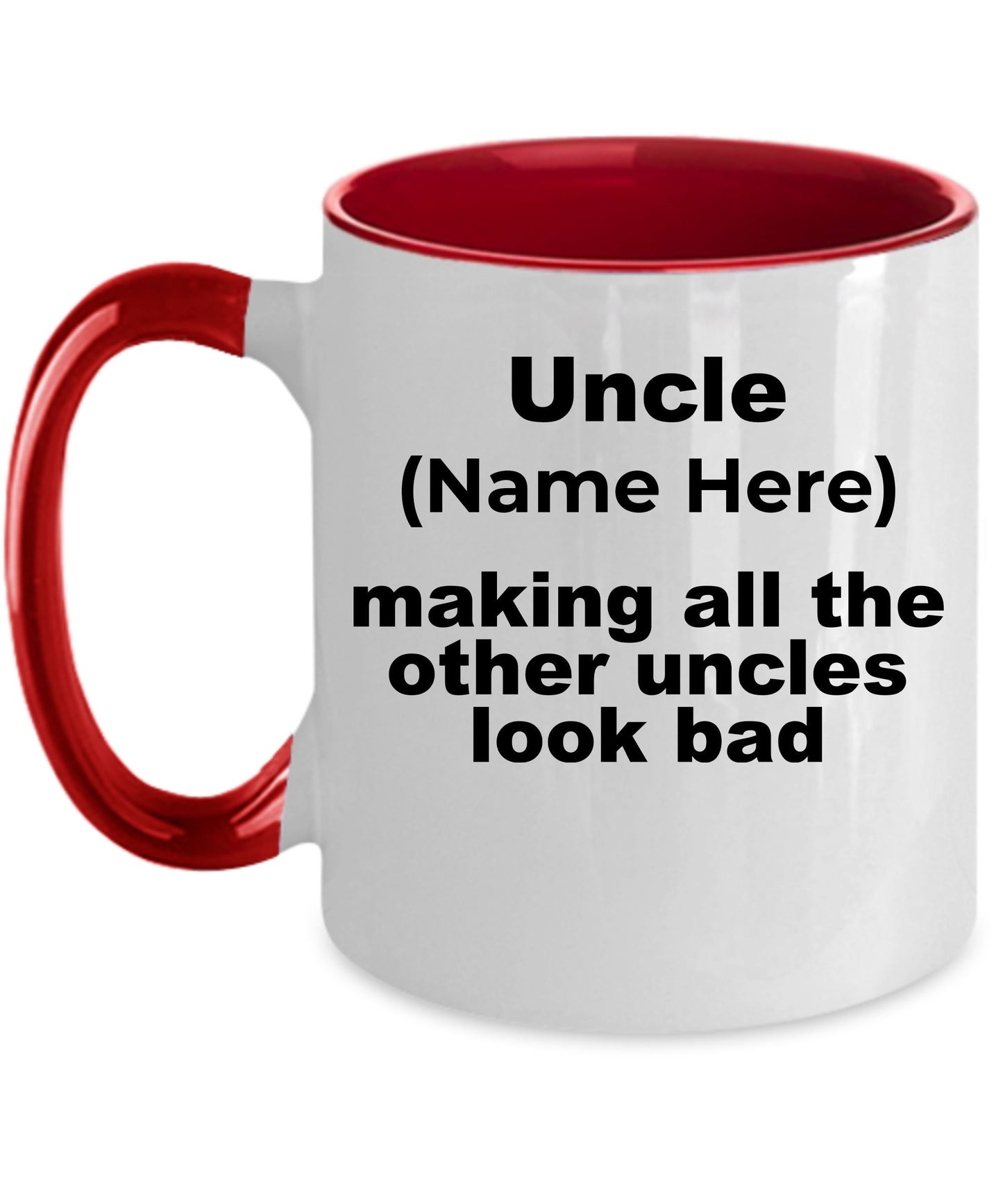 Custom Uncle Mug - Personalized mug for your favorite uncle white ceramic coffee cup, two-tone black, navy, red, pink - Mallard Moon Gift Shop