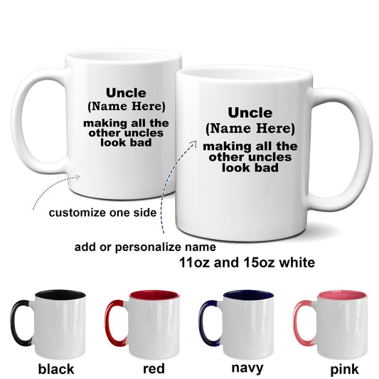 Custom Uncle Mug - Personalized mug for your favorite uncle white ceramic coffee cup, two-tone black, navy, red, pink - Mallard Moon Gift Shop