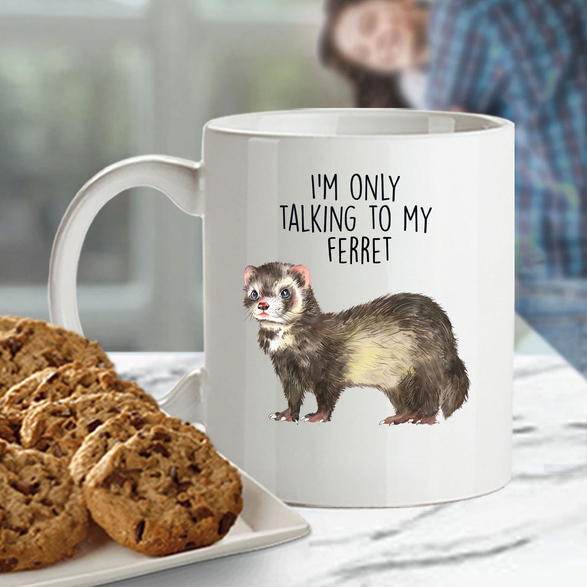 Funny Ferret Custom coffee mug - white ceramic and two tone color - I'm Only Talking To My Ferret - Mallard Moon Gift Shop