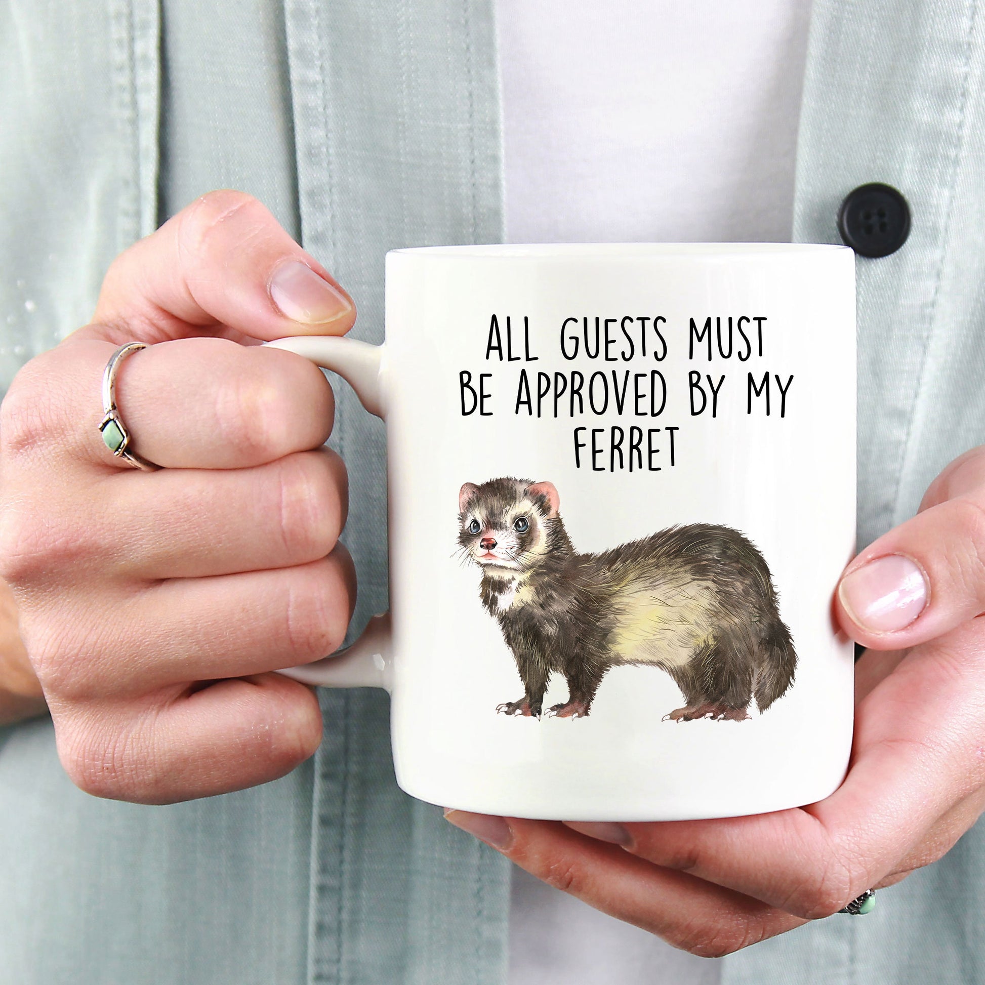 Funny Ferret Custom coffee mug - white ceramic and two tone color - All Guests Must be Approved By My Ferret - Mallard Moon Gift Shop